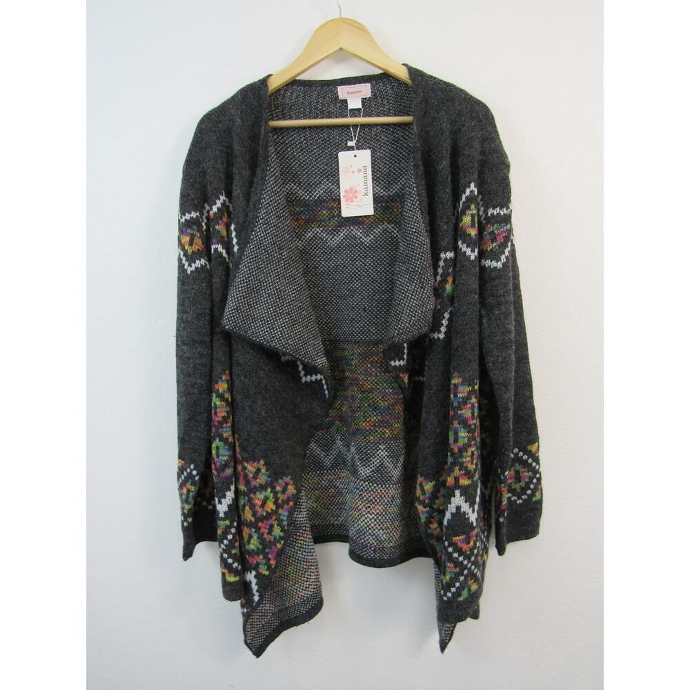NWT Kamana Large Dark Gray Geometric Patterned Open Front Sweater Cardigan